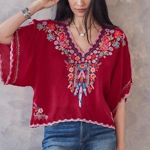 Johnny Was Red Klarah V-Neck Embroidered Georgette Top